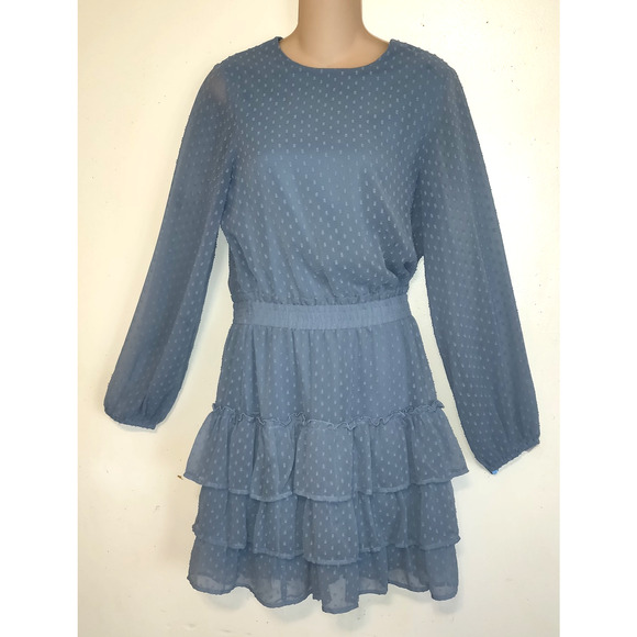 Express Blue Mini Dress SMALL Tiered Ruffles Swiss Squares Sheer Lined Keyhole - Picture 1 of 16
